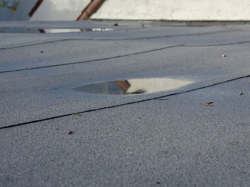 Flat roof with standing water from sagging.