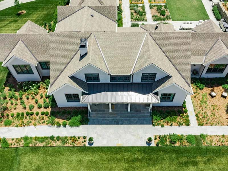 Aerial view of a residential roof during inspection