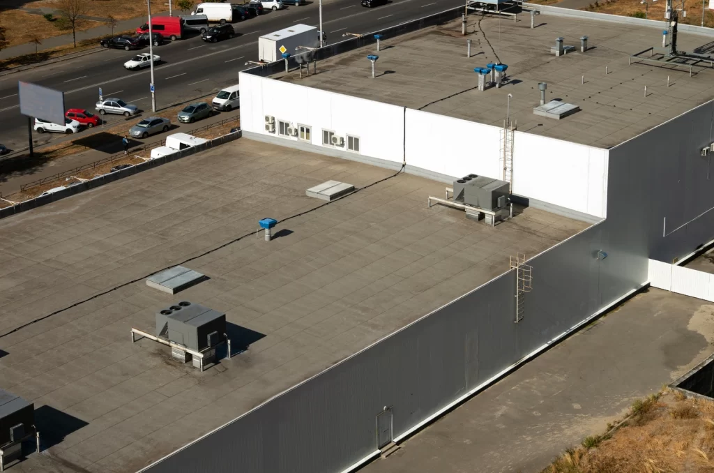Aerial view of BUR commercial roofing system