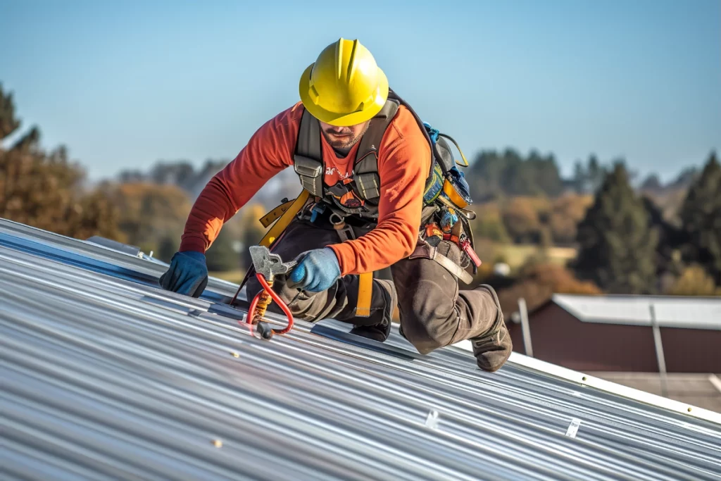 man installing new metal roof