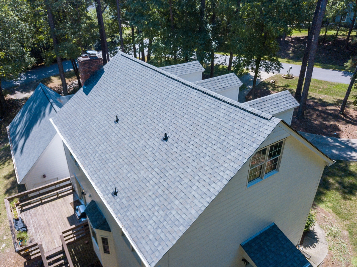 drone view of gray asphalt shingle roof
