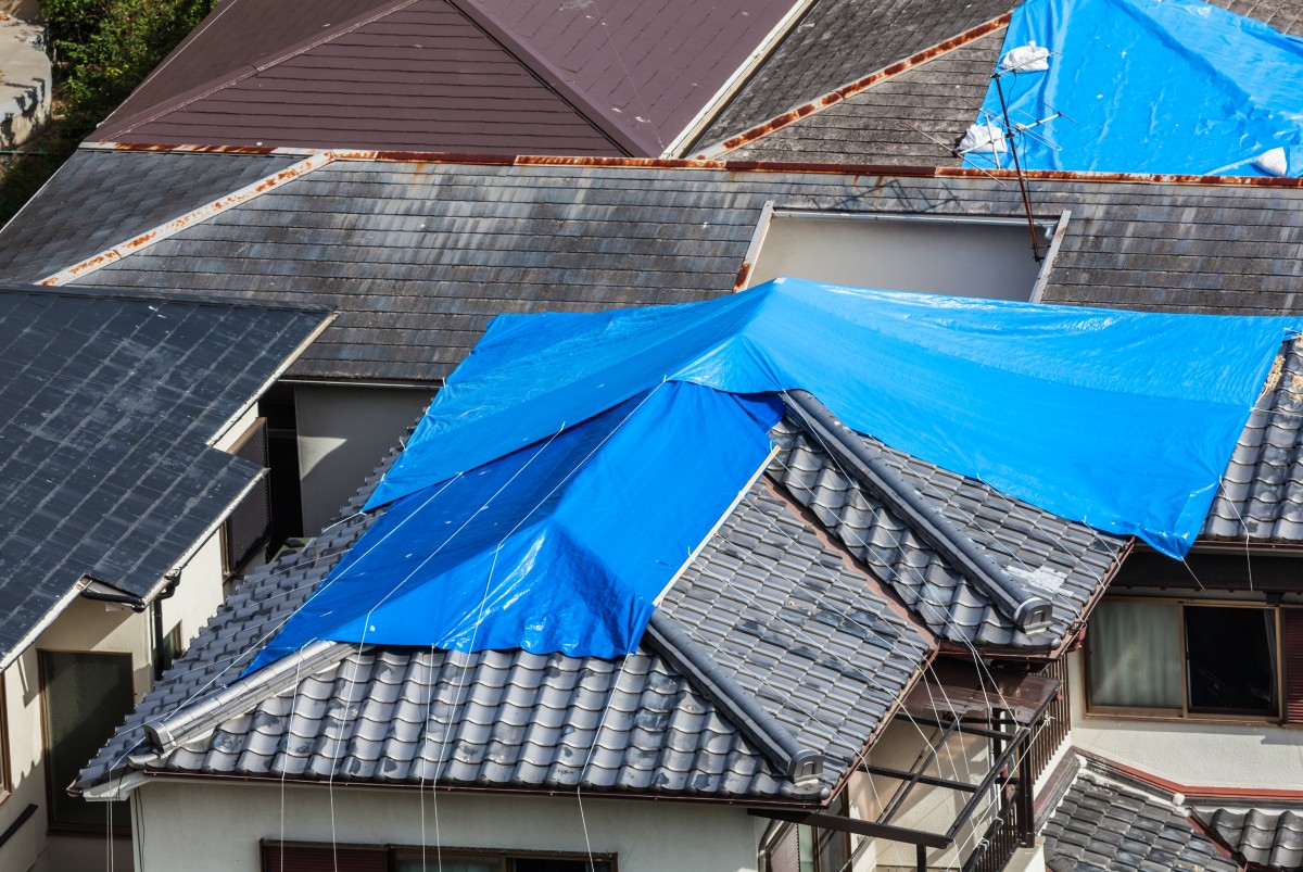 blue tarp on a roof